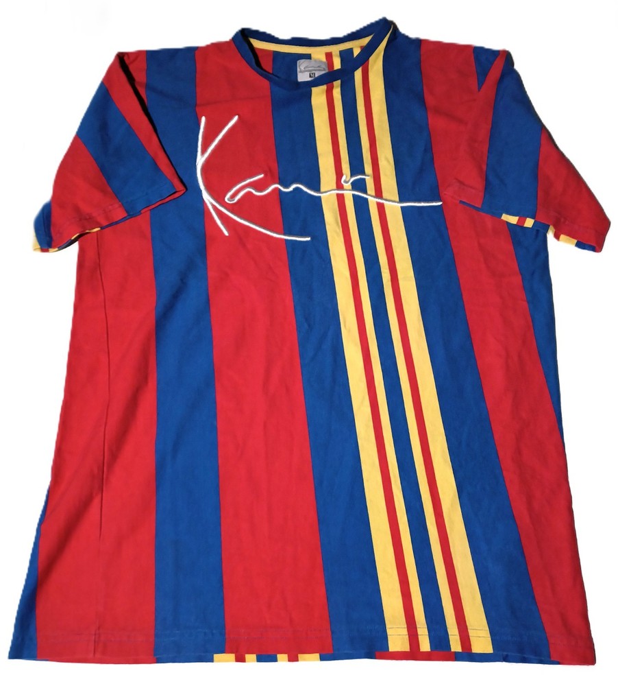 Karl Kani Vintage T-Shirt M Unisex Vertical Stripes Blue Red Yellow Embroidered