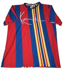 Karl Kani Vintage T-Shirt M Unisex Vertical Stripes Blue Red Yellow Embroidered