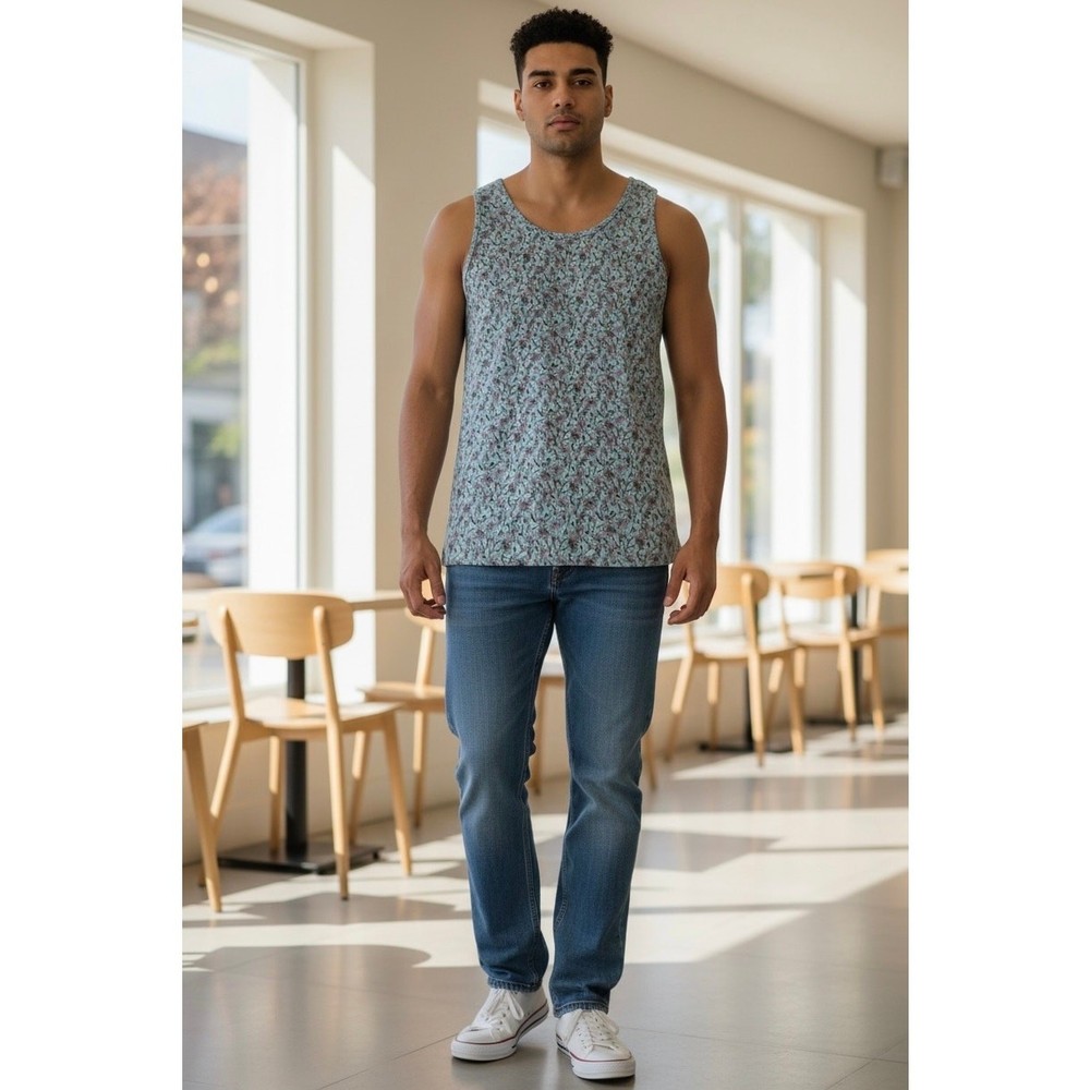 Kenneth Cole Men’s Floral Print XL Tank Top – Blue & Green 95% Cotton 5% Spandex