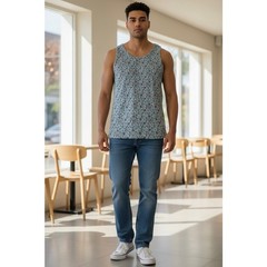 Kenneth Cole Men’s Floral Print XL Tank Top – Blue & Green 95% Cotton 5% Spandex