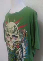 Christian Audigier Y2K Skull Grenade Rhinestone Green T-Shirt Short Sleeve Sz S