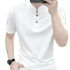 Business Casual Short Sleeve T-Shirt for Men Solid Spliced Mesh Slim Collar
