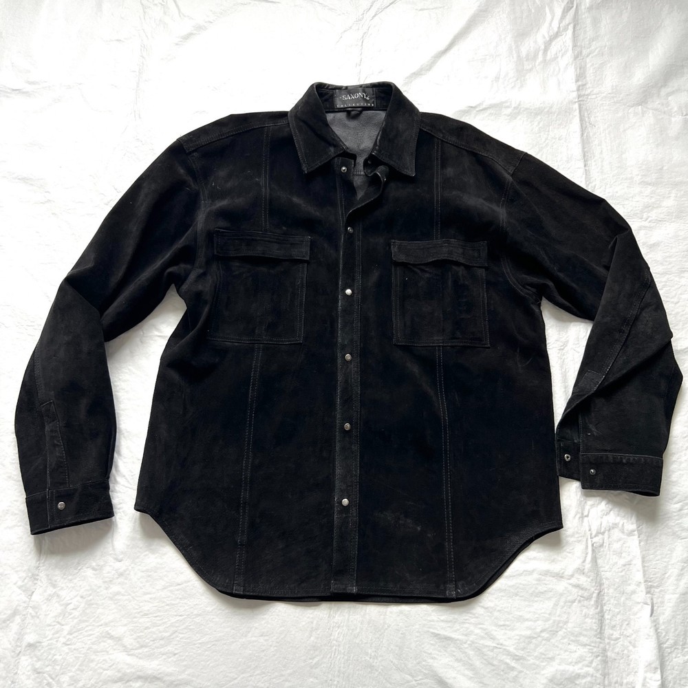 Saxony Collection leather shirt jacket mens Large black suede pocket flaps