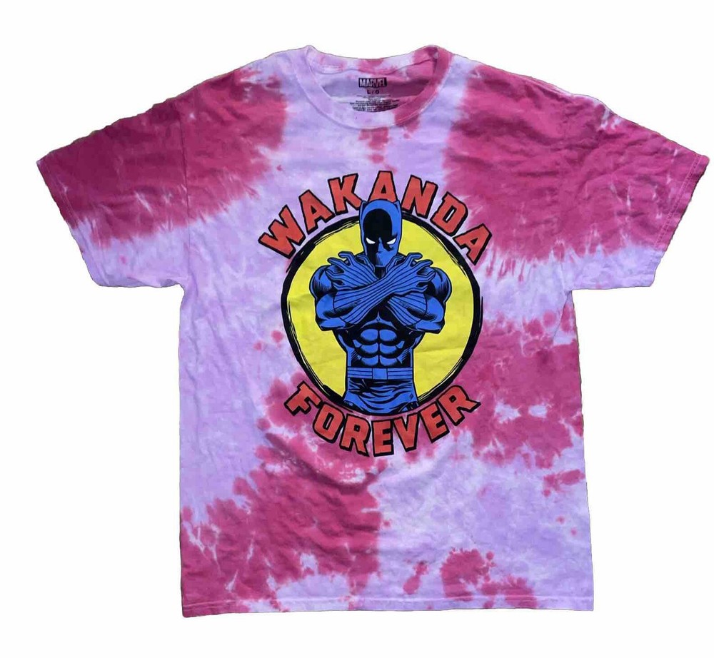 NWOT Marvel Comics Black Panther Wakanda Forever Pink Tie-Dye t-shirt Mens sz L