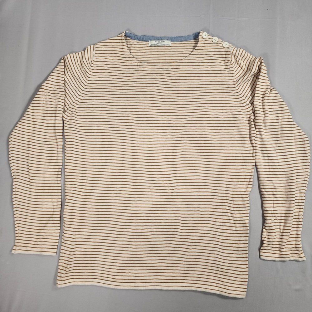 Zara Man Denim Couture Striped Long Sleeve Knit Top Tan Cream Button Shoulder L