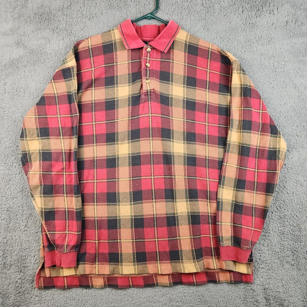 Vintage Dockers Flannel Henley Shirt Men’s XL Red/Yellow Plaid USA Made Grunge