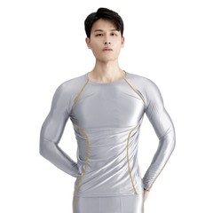 AMORESY Men Glossy Satin Oil Long-Sleeve Fitness T-Shirt Round Neck Running Tops