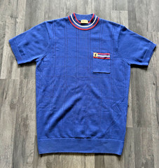 Gabicci Knit T Shirt Medium Blue Ringer High Round Neck Short Sleeve Pocket Tee