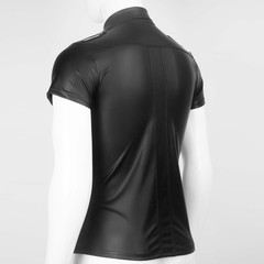 Men Black Faux Leather Short Sleeve Collared Shirt Wet Look Top Blouse