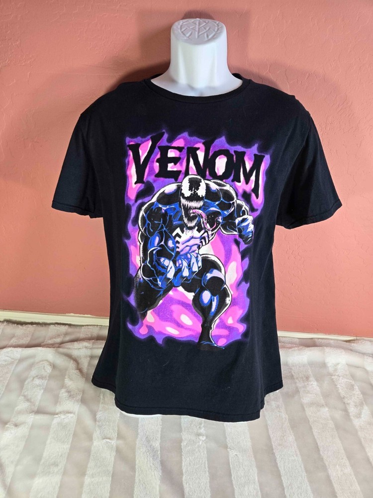 Mens Marvel Black Purple Pink Neon Venom Graphic Print T-Shirt Size L
