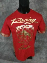 Mens T-Shirt GRAND PRIX RACING with GOLD FOIL Seams Urban Style Red White Black