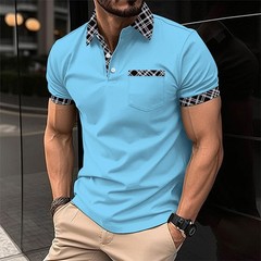 Mens Check Plaid Turn Down Collar T Shirts Tops Golf Pocket Casual Shirts Blouse