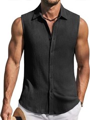Men’s Summer Sleeveless Knit Tank Top Button Up Casual Beach Vacation Shirt