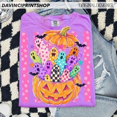 Preppy Stay Spooky Tshirt Colorful Ghost Pumpkin Coquette Halloween Shirt