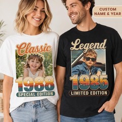 Custom Photo T-Shirt Personalized Name Vintage Retro Picture Cotton Tee Gift