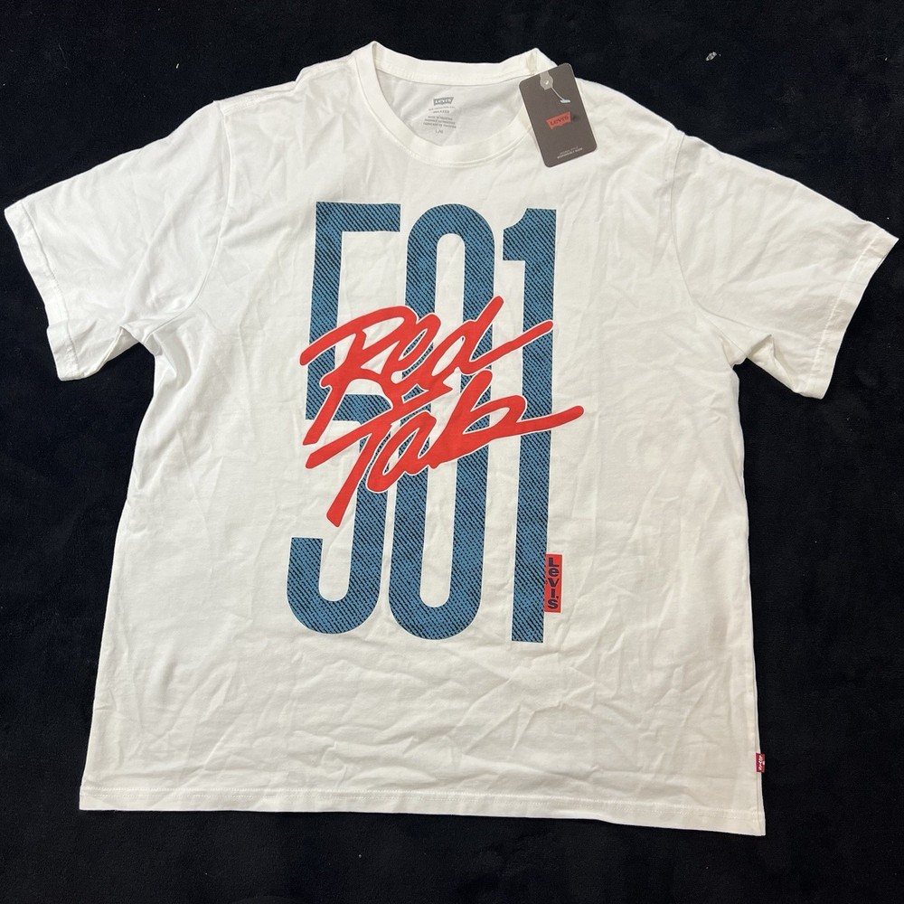 Levi’s 501 Best Pair Denim Graphic T-Shirt White Crew Neck Relaxed Fit Size L