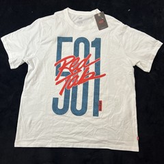 Levi’s 501 Best Pair Denim Graphic T-Shirt White Crew Neck Relaxed Fit Size L