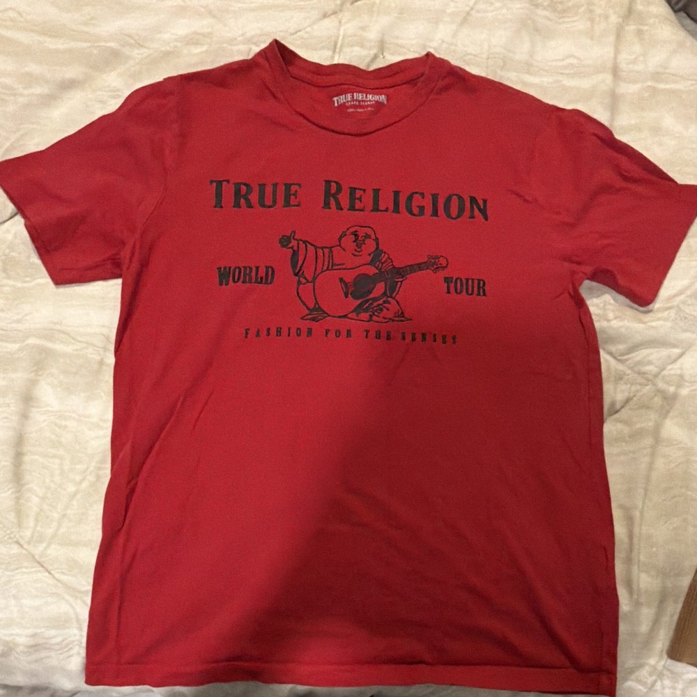 True Religion Men’s S Red Metallic Buddha Graphic Crew Neck SS Tee