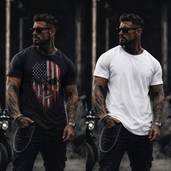 American Flag Skull T Shirt Patriotic USA Veteran Biker Mens Tee