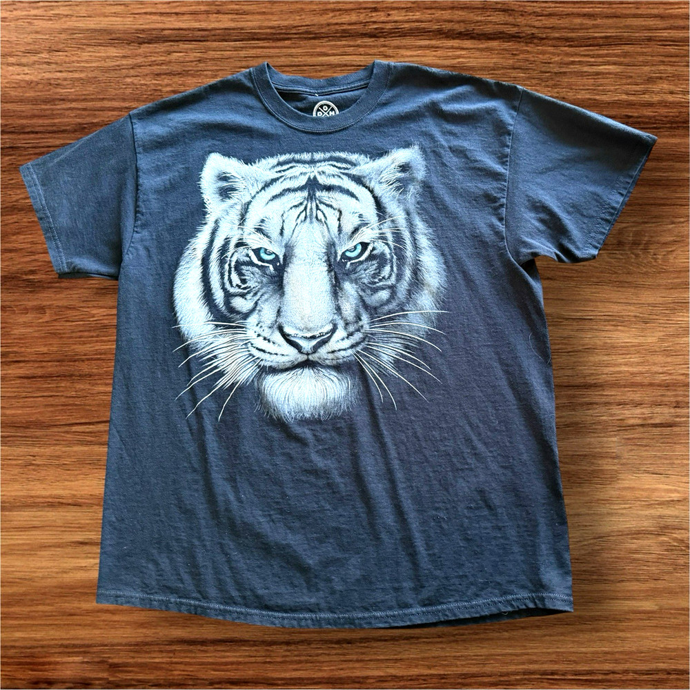 White Tiger Animal T Shirt XL DOM Black Short Sleeve Outdoors 100% Cotton Tee
