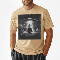 Funny Shark Abduction T-Shirt UFO Alien Vintage Art Sci-Fi Graphic Tee S-5XL
