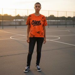Custom Orange CHAOS Graphic Tee Handmade Spray Effect Shirt Streetwear