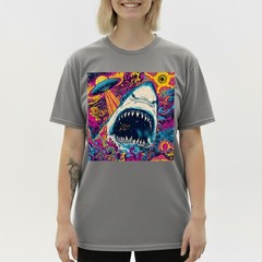 Trippy Space Shark T-Shirt Alien UFO Abduction Galaxy Mouth Colorful Art Tee