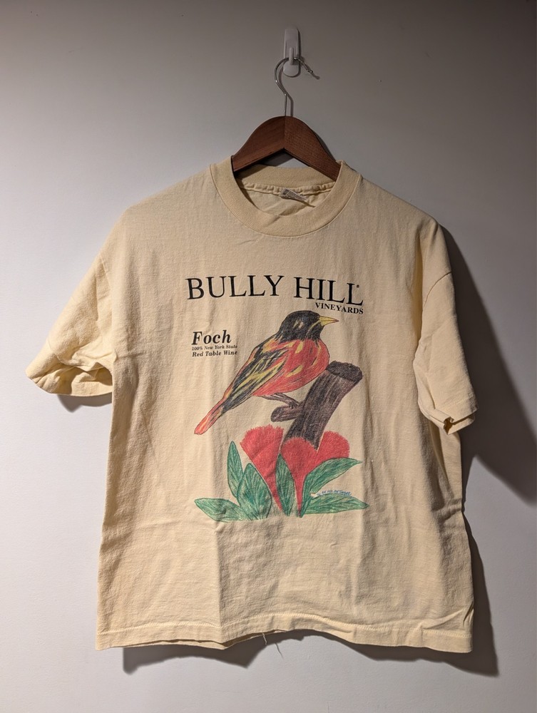 Vintage Bully Hill Vineyards Foch Wine Bird Graphic T Shirt Yellow Anvil Mens L