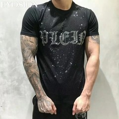 New Fashion Trend Rhinestone Summer Short Sleeve Luxury Men Cotton Black T-Shirt
