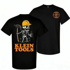 Klein Tools 2 side T-Shirt – Skeleton Wearing Hard Hat Holding Coffee and Hammer