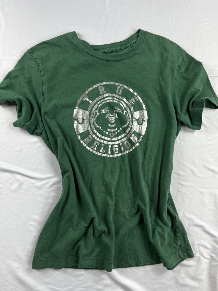 True Religion Foil Silver Green Buddha Crew Neck T-Shirt Y2K 2000 Size Medium