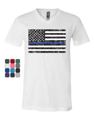 American Flag Thin Blue Line V-Neck T-Shirt Police USA Law Enforcement Tee