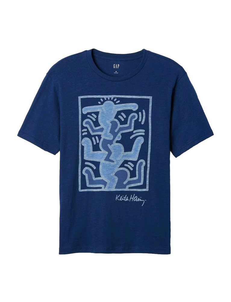 New Keith Haring Stacked Figure Mens Medium Pop Street Art Soft Blue Cotton Tee