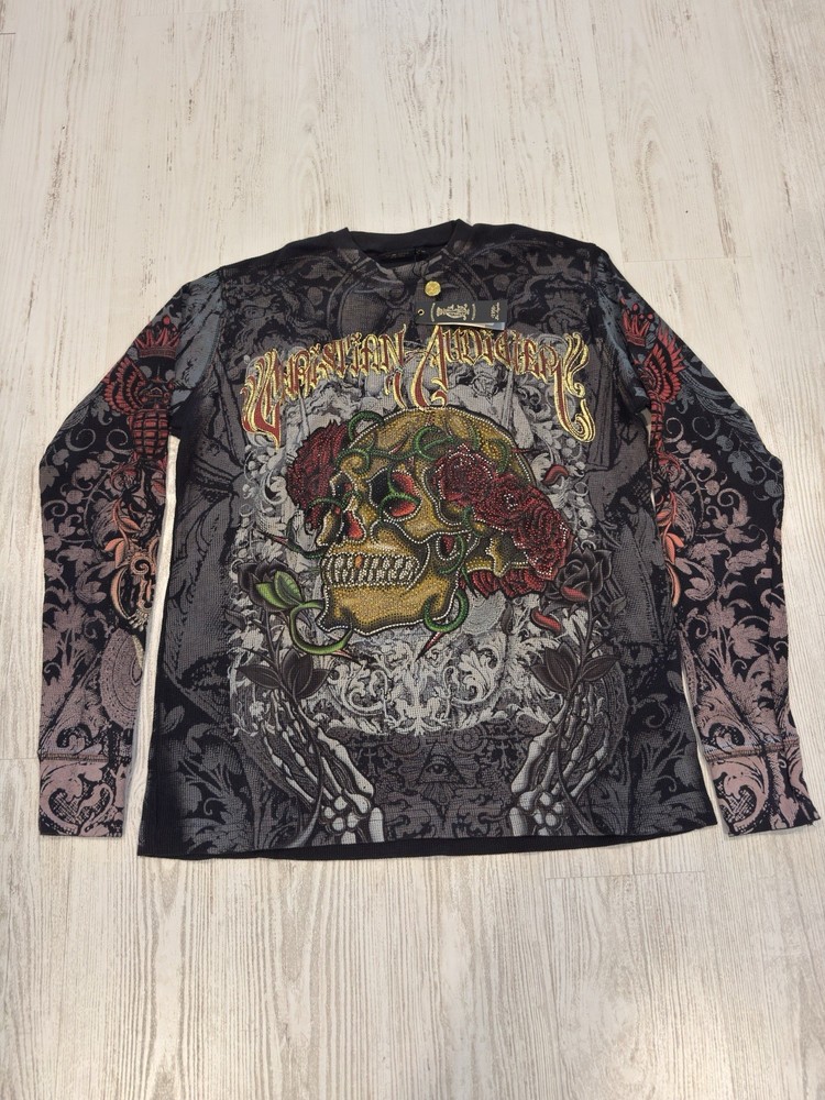 Christian Audigier — “Skull & Roses” Y2K Graphic Long sleeve Thermal — Size M