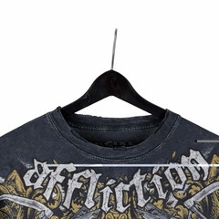 Mens Y2K Affliction Cross Wing Grunge Punk AOP Graphic Grey Shirt Size L