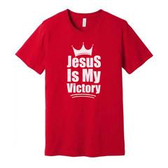 Unisex Christian T Shirt Featuring The Phrase Jesus Is My Victory With Crown Emb