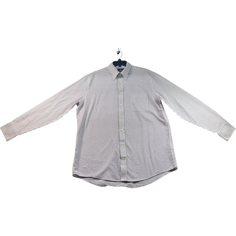 Stafford Button Down Shirt Mens Size 16.5 Purple White Striped Wrinklee Free