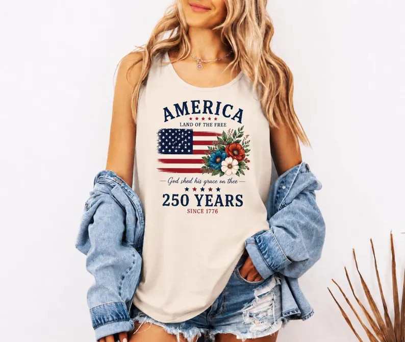 America Flag Floral Tank Top Patriotic USA Anniversary