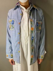 Vintage 70s Handmade Floral Embroidery Hippie Long Sleeve Shirt Blue M