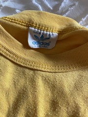 Vintage 80s ADIDAS Trefoil Logo Double Sided T Shirt 50/50 Mustard Yellow L/XL