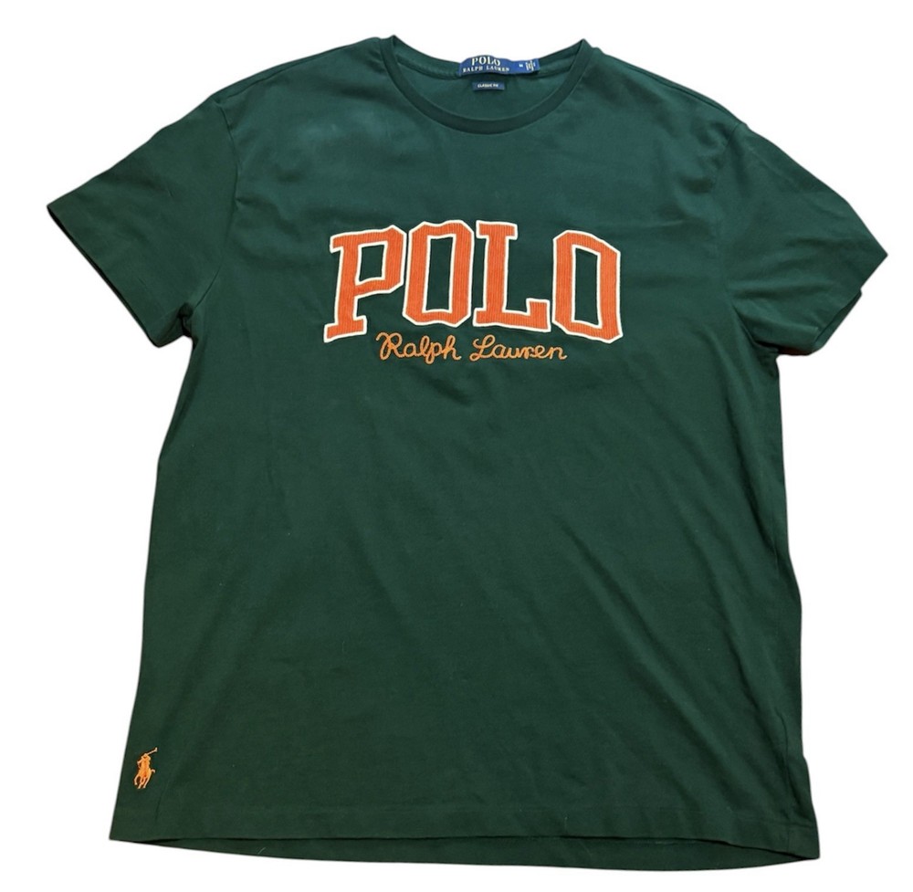 Polo Ralph Lauren Chenille Big Logo Spell Out T Shirt Green Classic Fit Mens M