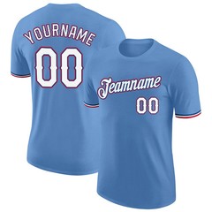 Custom Light Blue White Red Performance T-Shirt Mens Sport Baseball Graphic