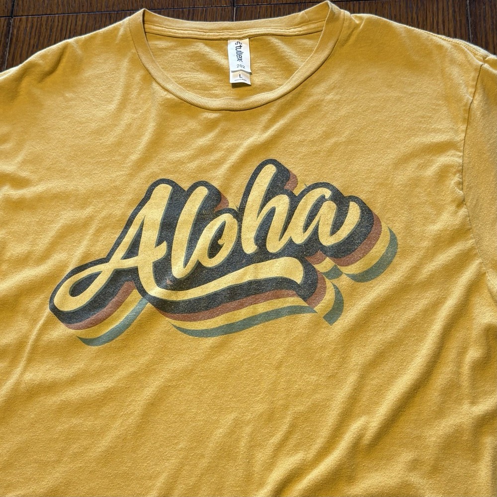 Hawaii Aloha T-Shirt Men’s L Yellow Retro 70s Graphic Tourist Souvenir Summer