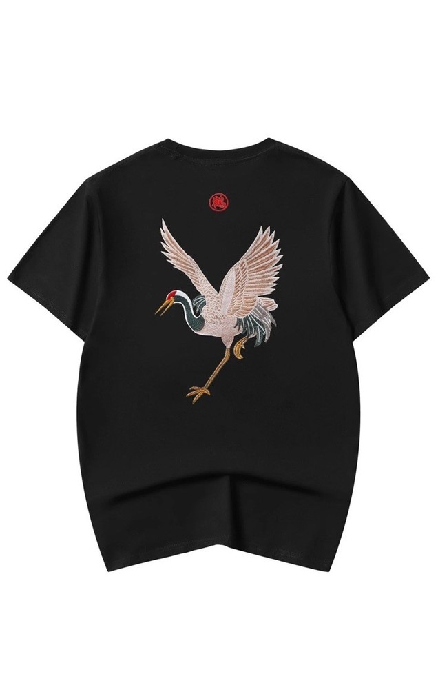 Niepce Streetwear Embroidery T-shirt Flying Cranes Graphic Tee for Men Large