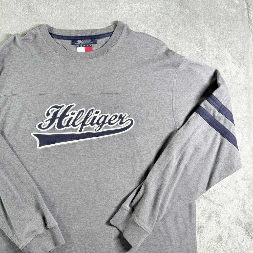 VTG Tommy Hilfiger Mens Long Sleeve Graphic T Shirt Gray Size L 85 Logo