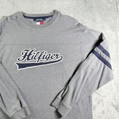 VTG Tommy Hilfiger Mens Long Sleeve Graphic T Shirt Gray Size L 85 Logo
