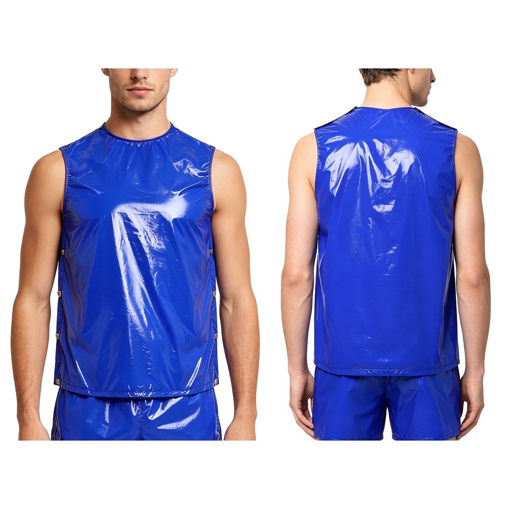 Mens Tops With Press Buttons T-Shirts Cycling Vest Waterproof Undershirt Shiny