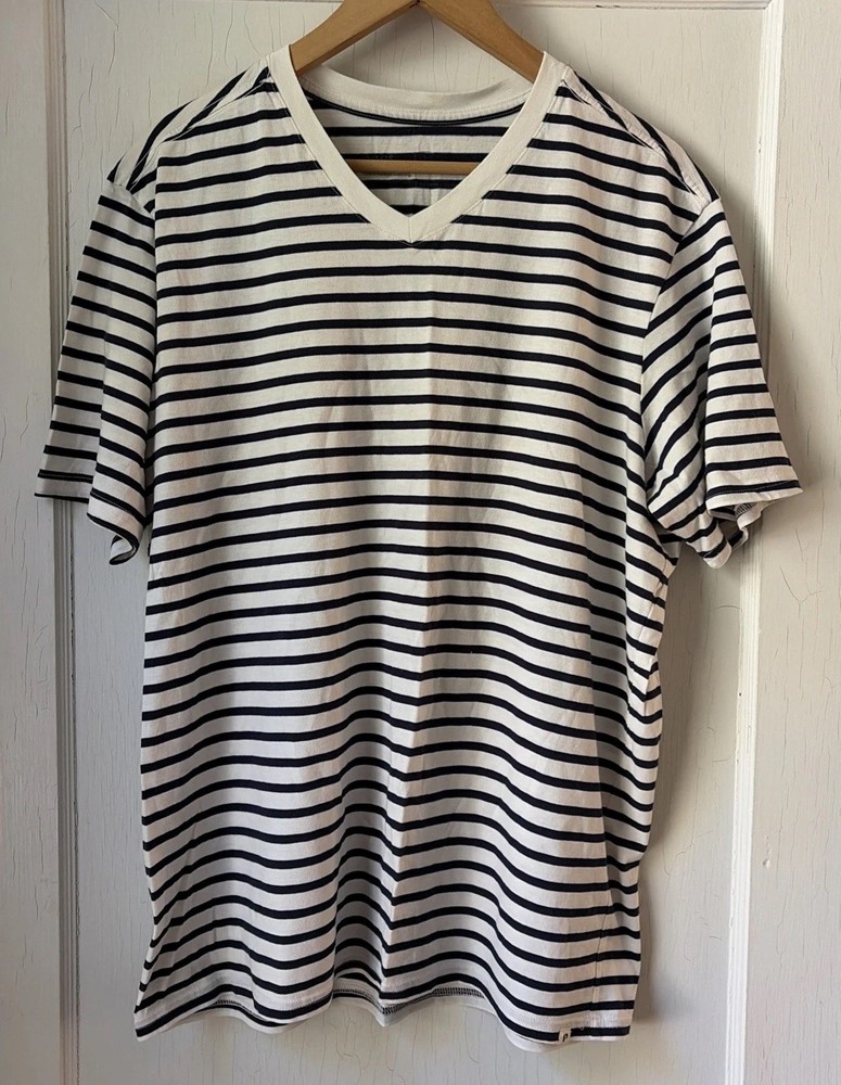 NWOT Pact Mens VNeck TShirt Blue White Stripe L Classic Preppy Nautical