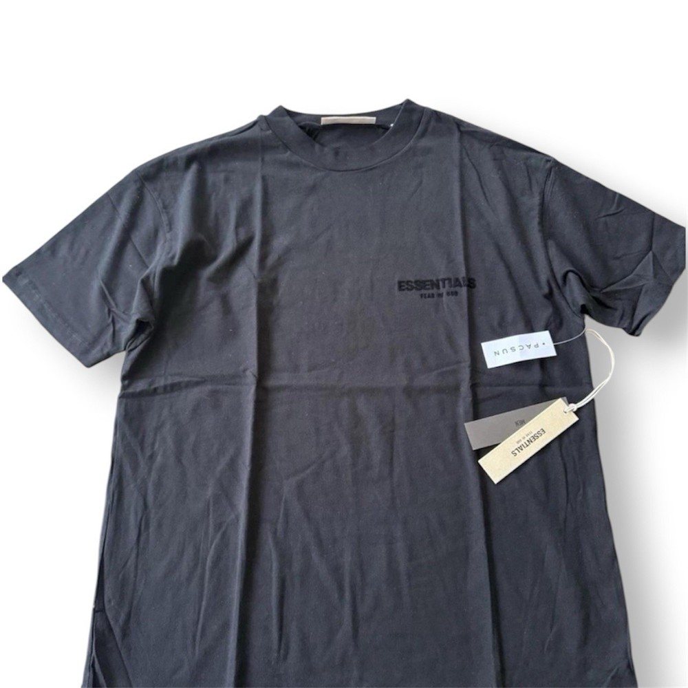 Fear of God Essentials T-Shirt Stretch Limo Black Velvet Flocked Logo NWT XS