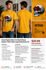Urban Pipeline XL Skull Roses Graphic T Shirt Yellow Legend Worldwide Cotton Tee